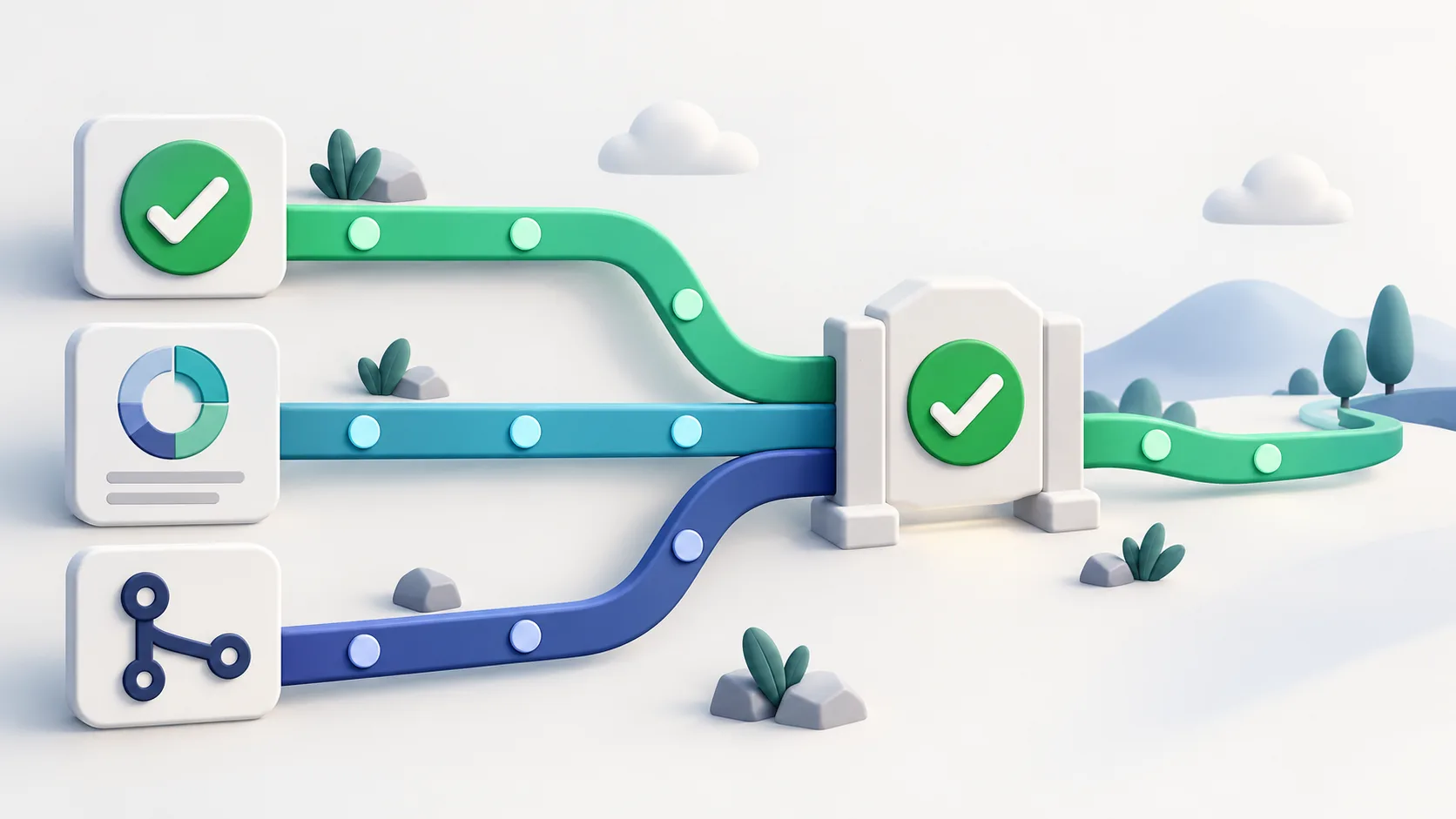 Tre separata signaler i en CI-pipeline: testresultat, coverage-rapport och merge-beslut