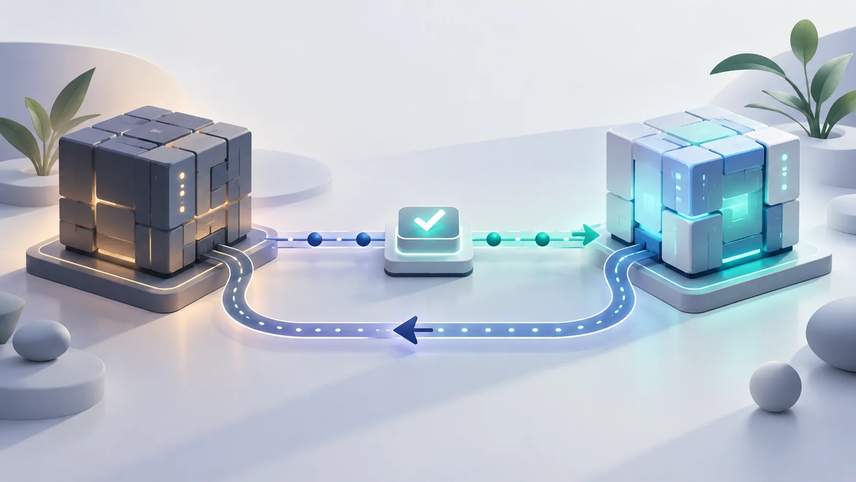 Illustration av ett kontrollerat byte mellan två AI-modeller med teststeg och en återgångsväg
